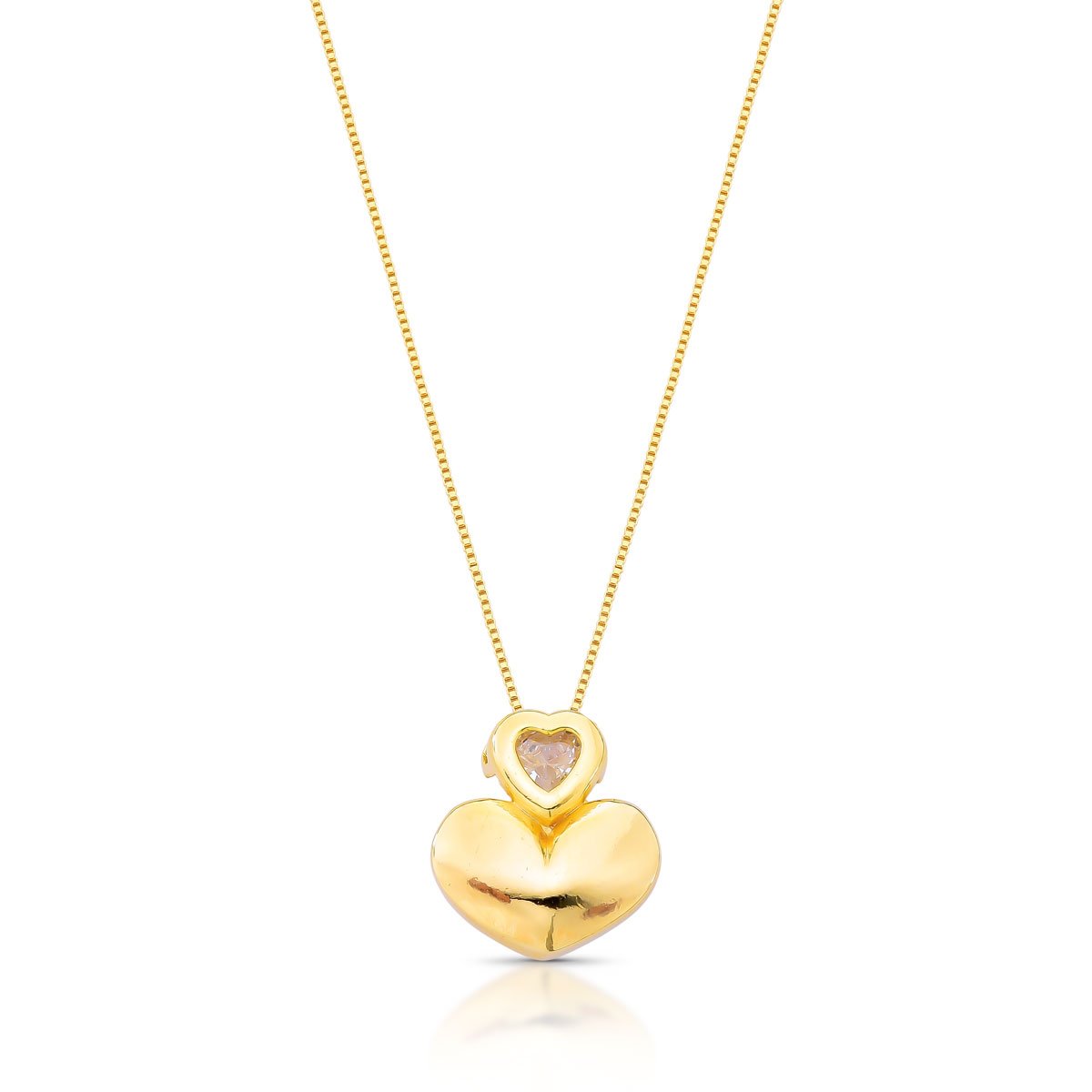 Colar Duplo Corações Com Zircônia Folheado A Ouro 18k