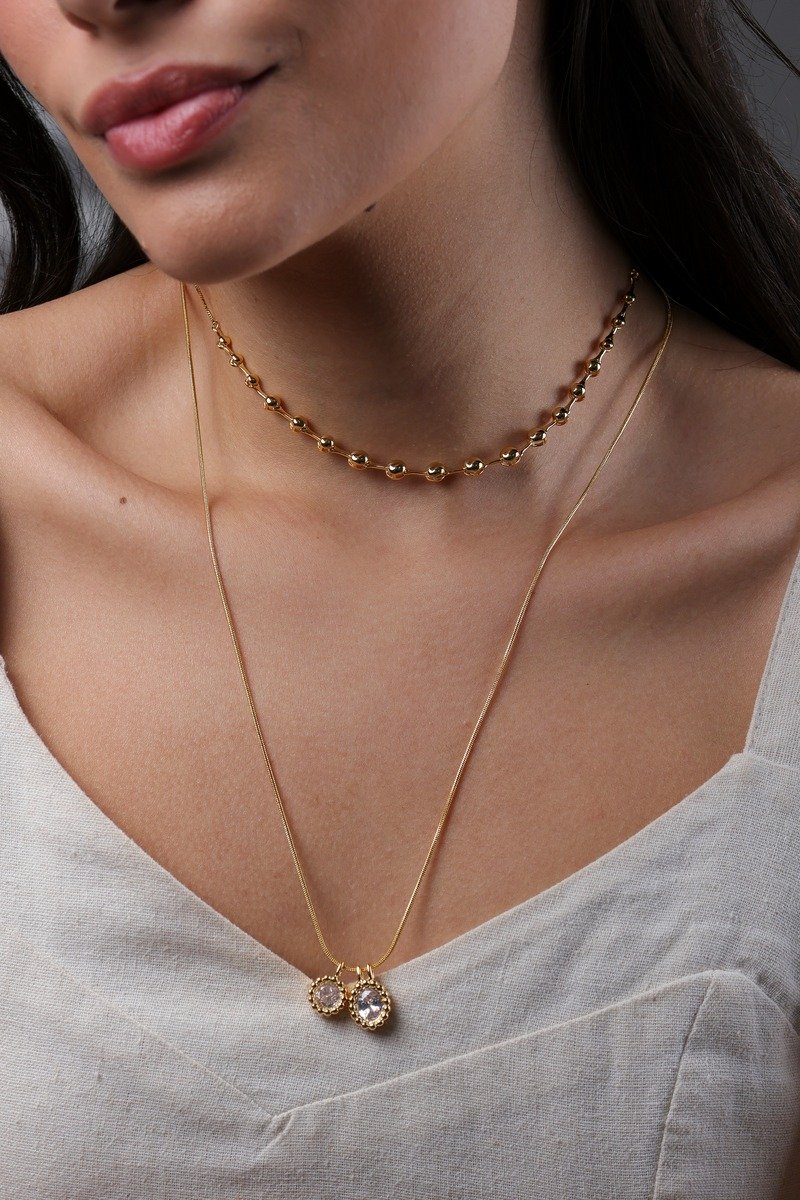 Colar Feminino Folheado A Ouro 18k Com Pingentes Duplos De Zircônia