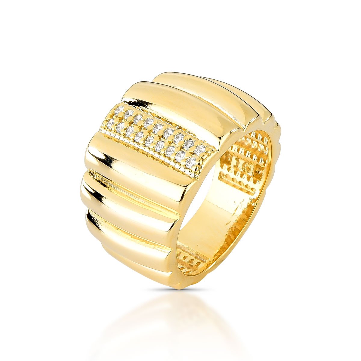 Anel Largo Com Zircônias Folheado A Ouro 18k - Luxo E Sofisticação