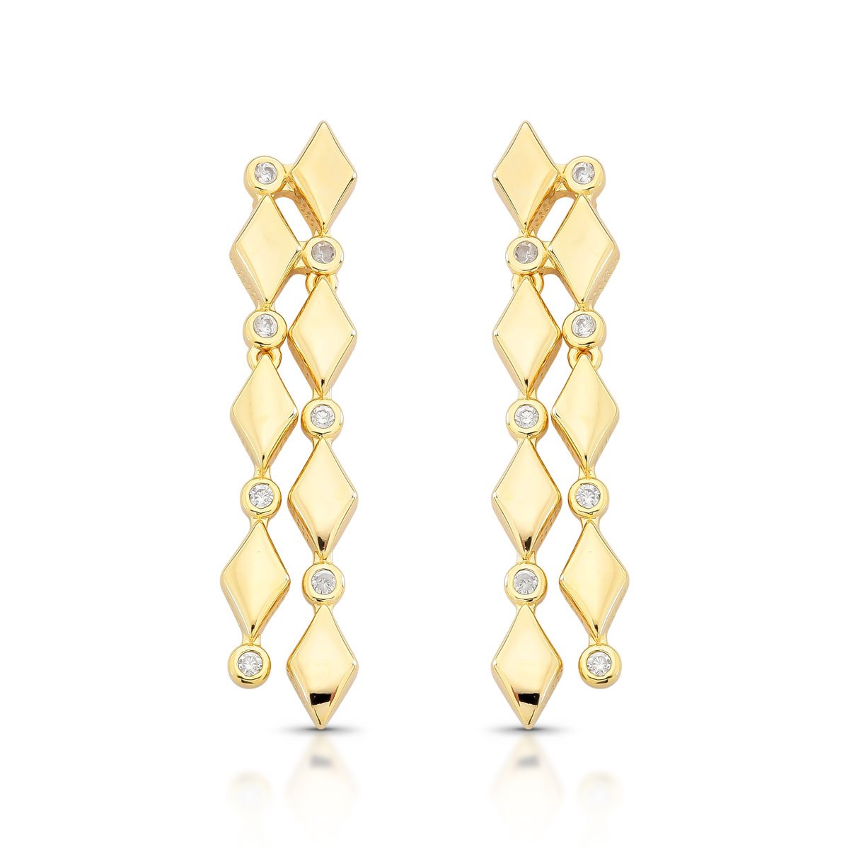 Brinco Longo Com Losangos E Zircônias – Folheado A Ouro 18k