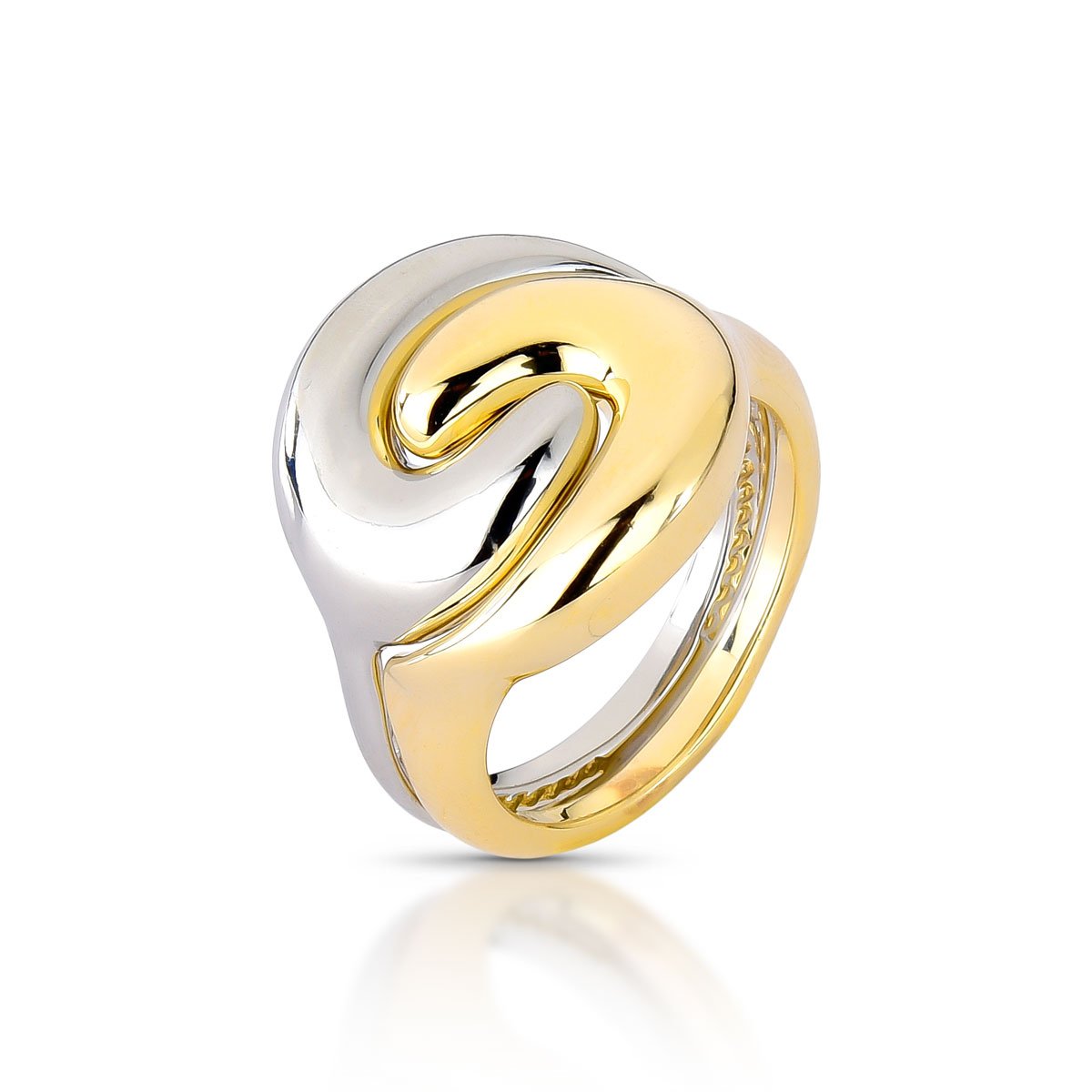 Anel Escultural Bicolor Em Folheado A Ouro 18k E Ródio Branco
