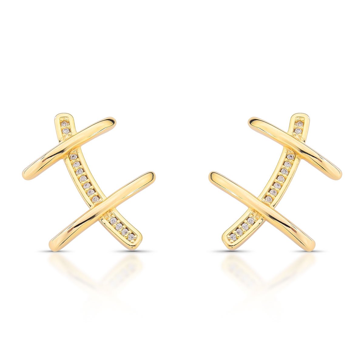 Brinco Ear Cuff Cruzado Com Zircônias – Folheado A Ouro 18k