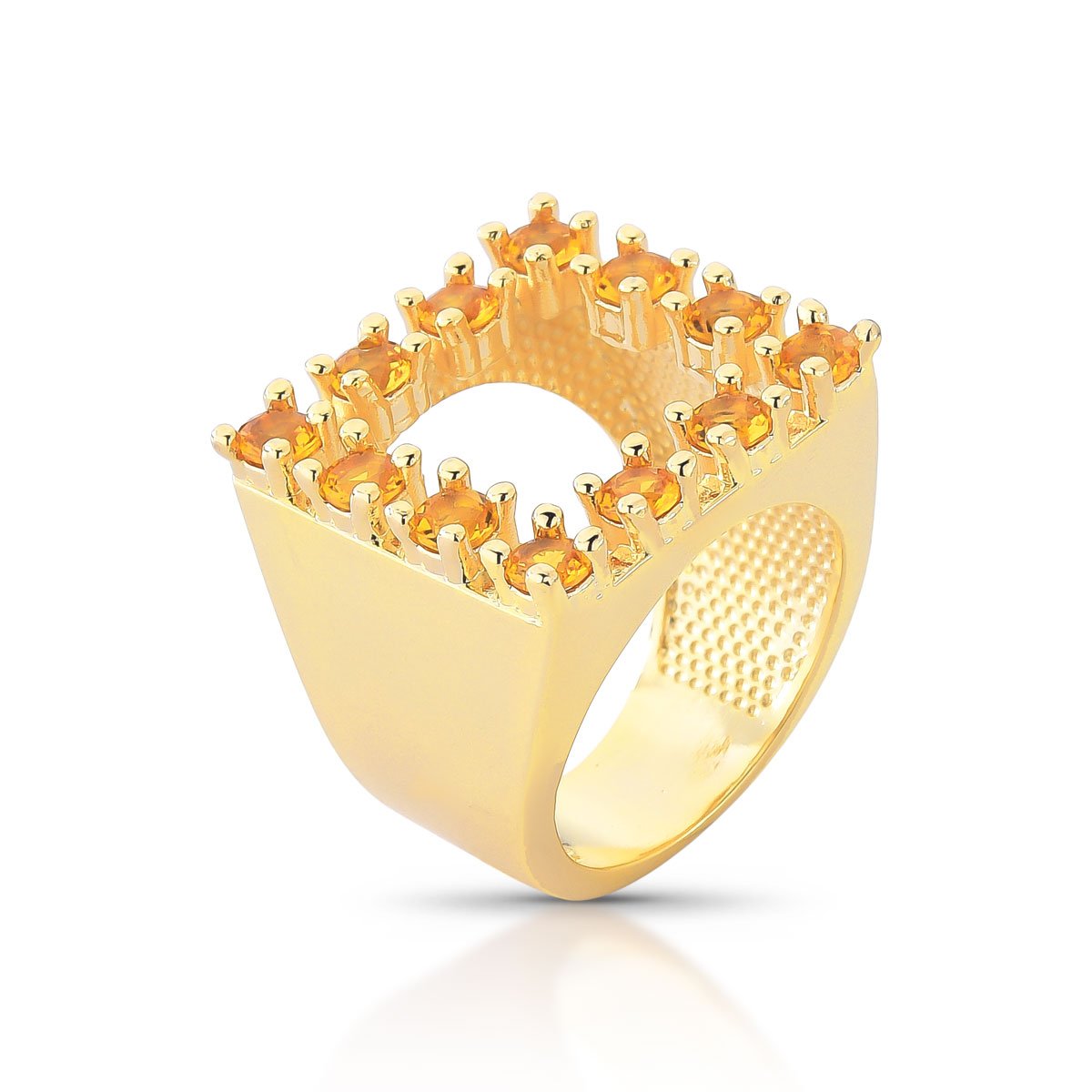 Anel Dedinho Quadrado Vazado Com Zircônias Conhaque Folheado A Ouro 18k