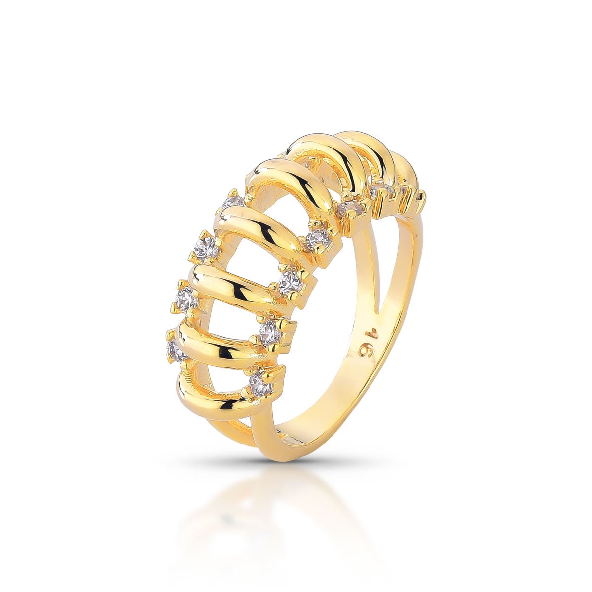Anel Com Tiras Abauladas E Zircônias Folheado A Ouro 18k