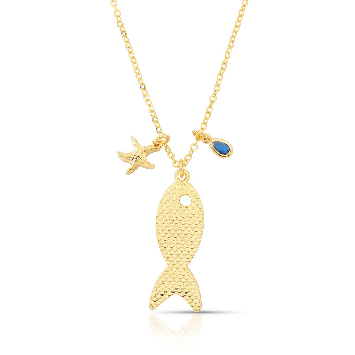 Colar Comprido Com Peixe Texturizado E Gota Pedra Azul