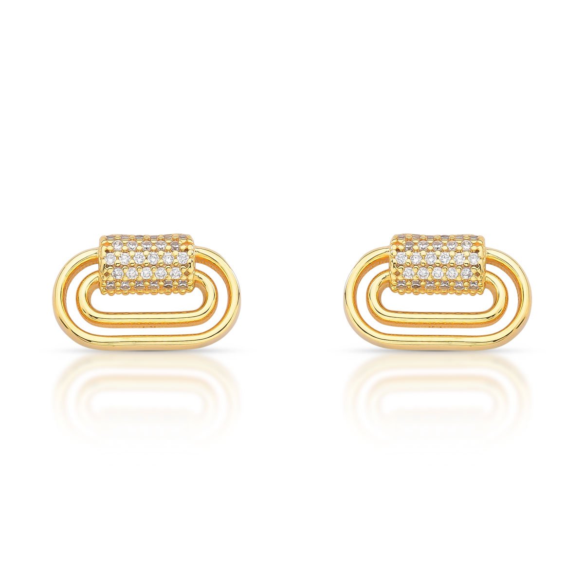 Brinco Geométrico Cravejado Com Elo Duplo Folheado A Ouro 18k