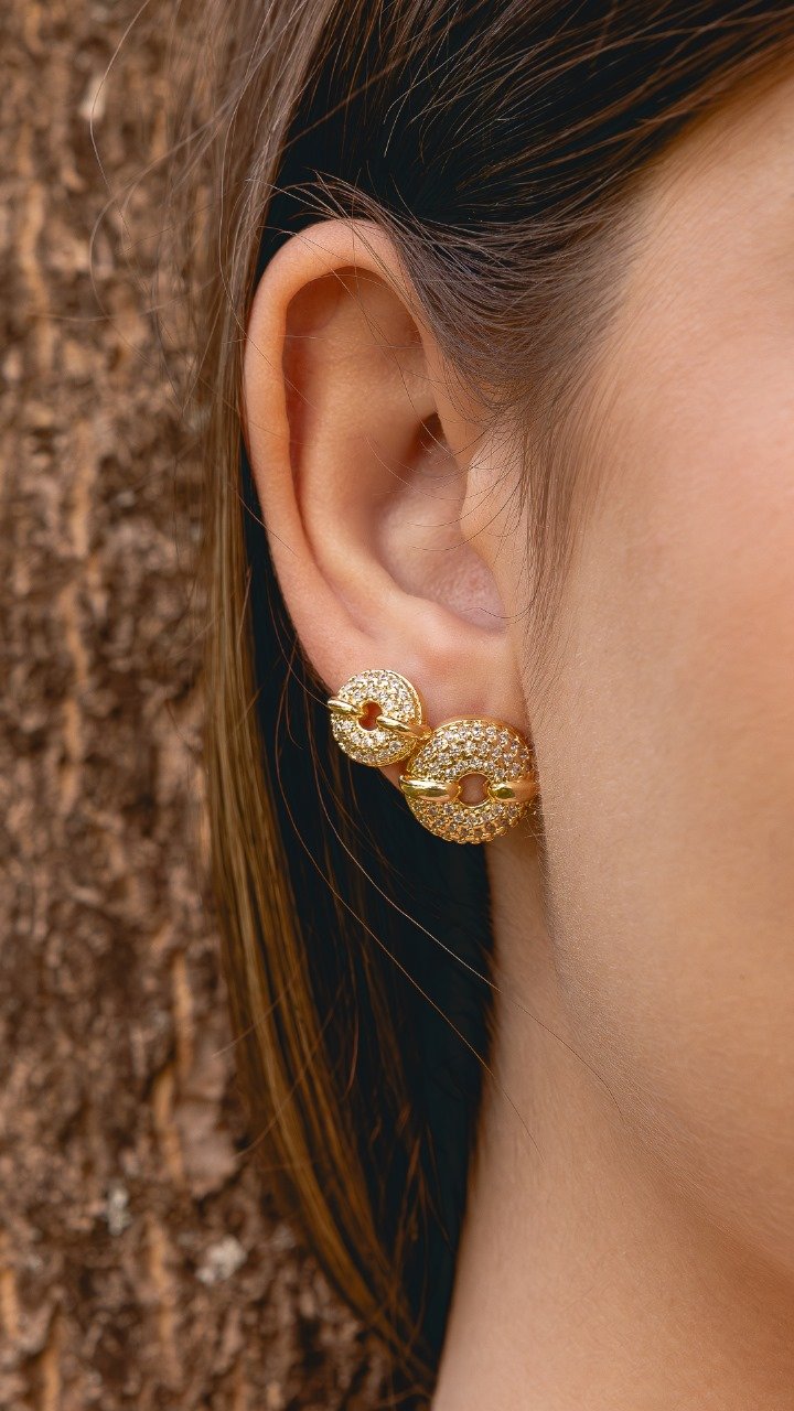 Brinco Circular Com Barra Dourada E Zircônias Folheado A Ouro 18k