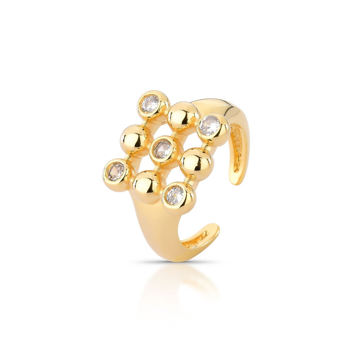 Anel Dedinho Com Esferas E Zirconias Em Alto Relevo Folheado A Ouro 18k