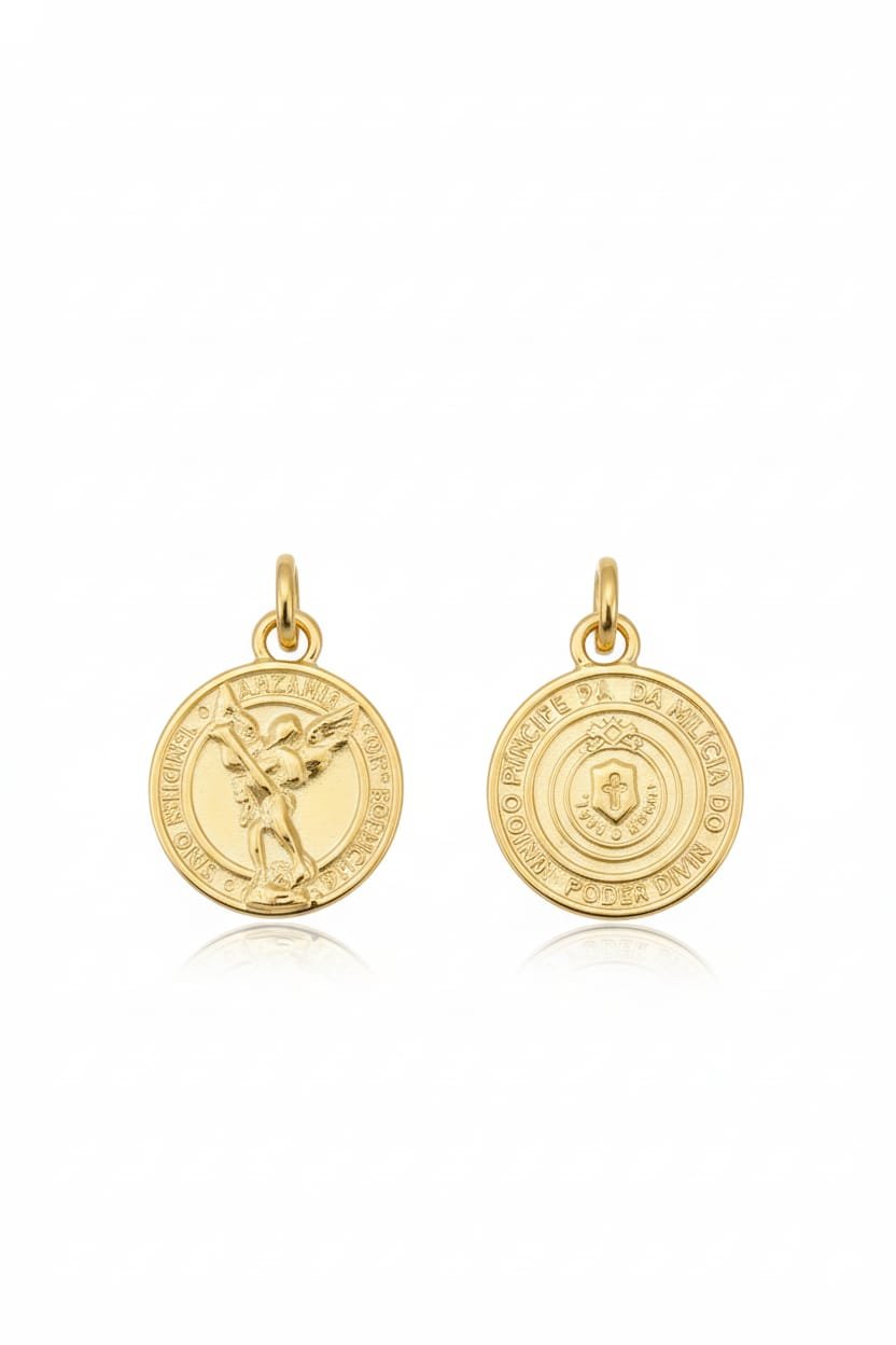 Pingente Redondo São Miguel Arcanjo Folheado A Ouro 18k