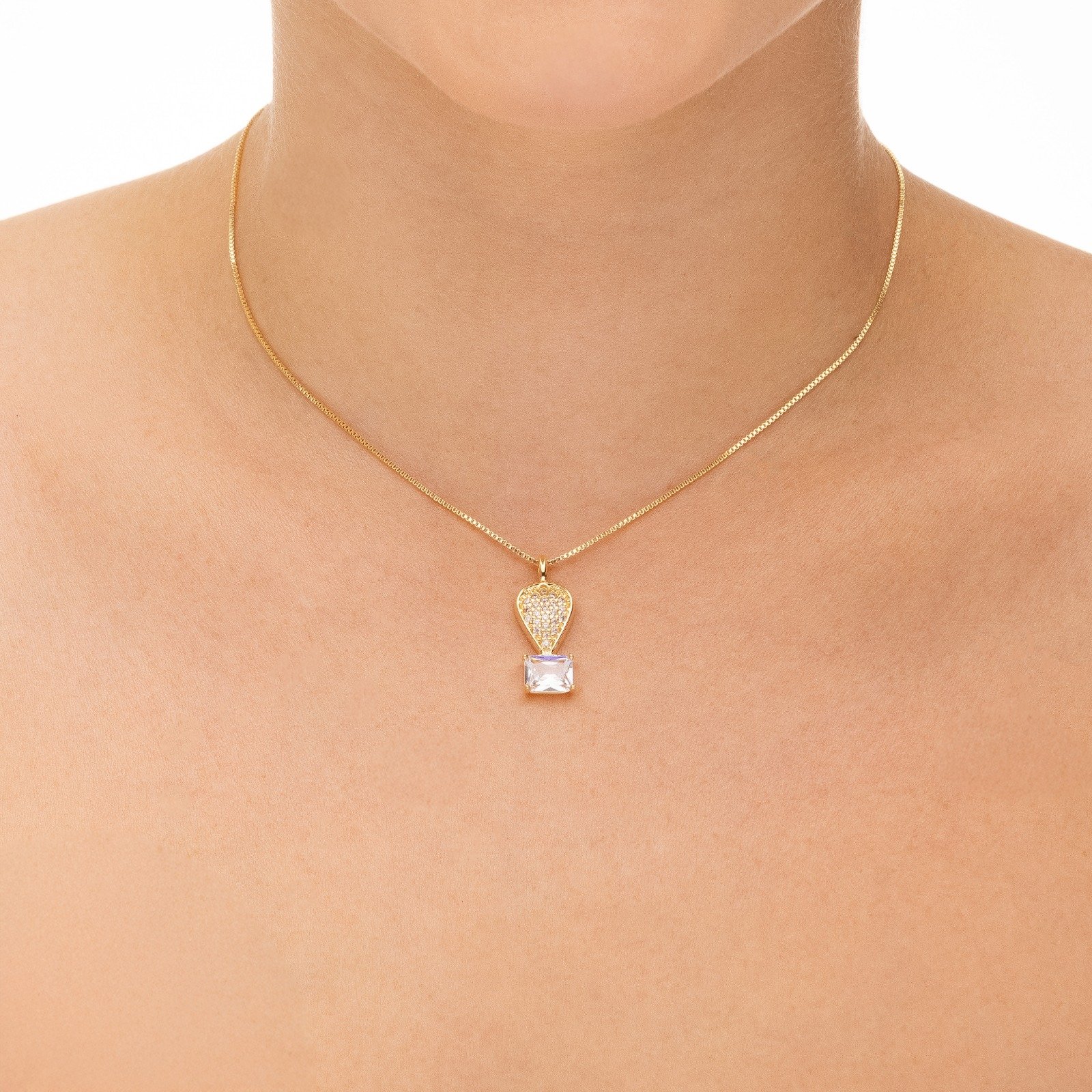 Colar Gota Cravejada Com Zircônias E Zircônia Retangular Colorida Folheado