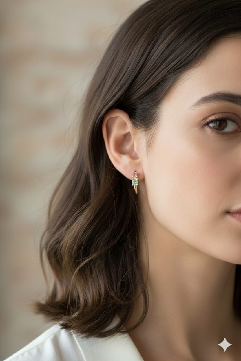 Brinco Curvado Com Duas Zirconias Coloridas Folheado A Ouro 18k