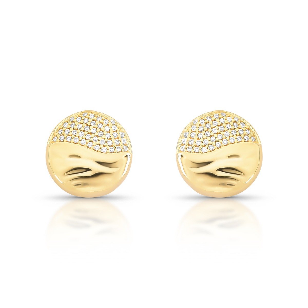 Brinco Botão Redondo Folheado A Ouro 18k Com Zircônias Em Pavê