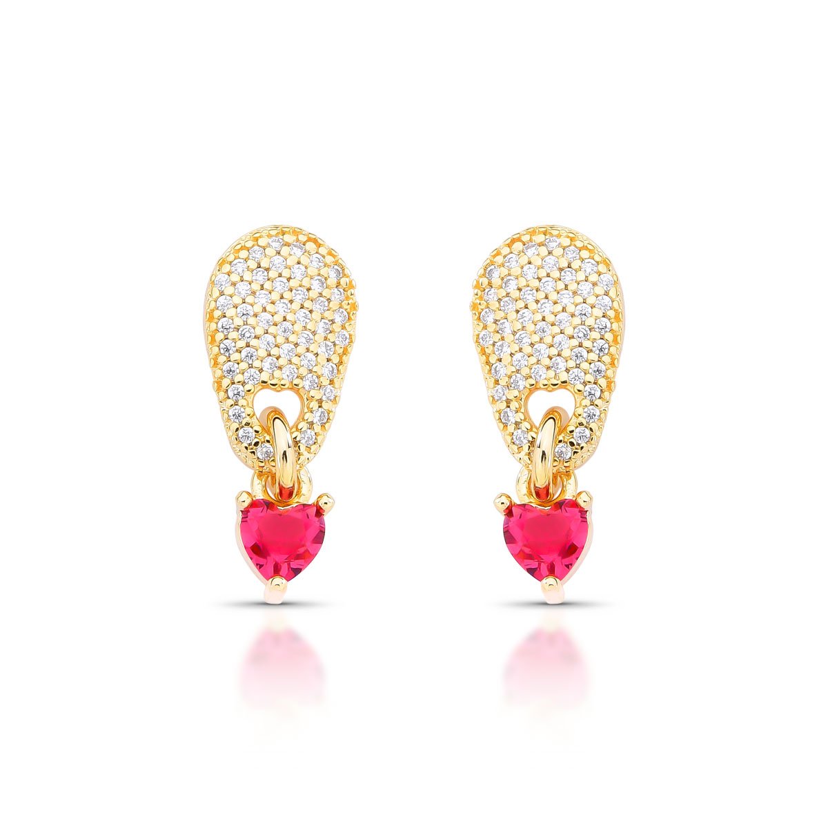 Brinco Cravejado Com Zirconia Coração Pendente Folheado A Douro 18k